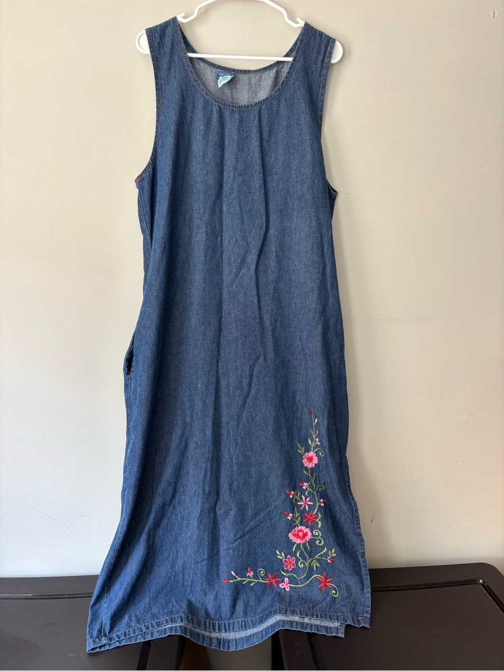 Vintage Cottagecore Blue Denim Embroidered Floral Maxi Sleeveless Dress - Large